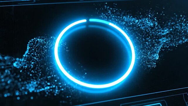 A bright blue neon circle glows on a dark digital background with particles emanating outwards, symbolizing completion or a loading process