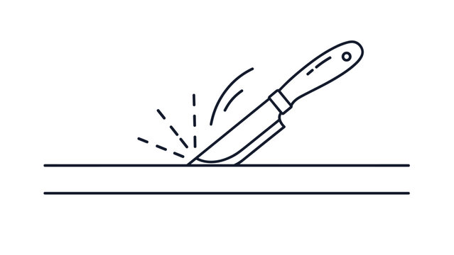 Outline illustration of a sharp knife blade cutting into a horizontal surface represents slicing, precision, or material testing.