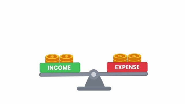 2D flat animation of balance scale with equal income and expense coins, smooth motion with alpha channel, transparent background 