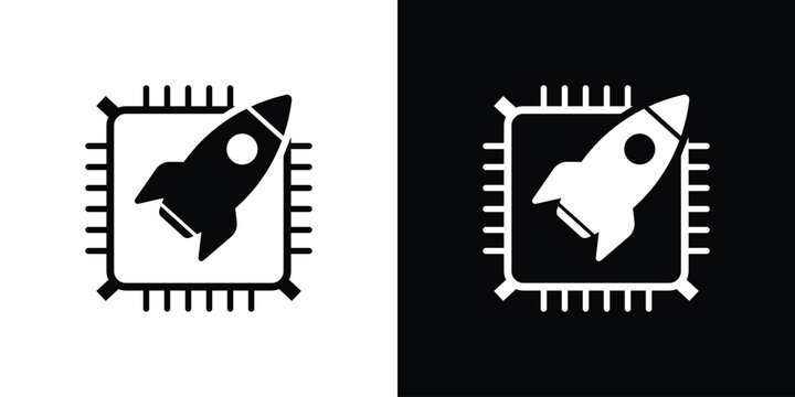 CPU chip icon with a rocket symbol, representing high-speed processing, performance boost, and fast computing. Concept of overclocking, system optimization, and advanced microprocessor tech.