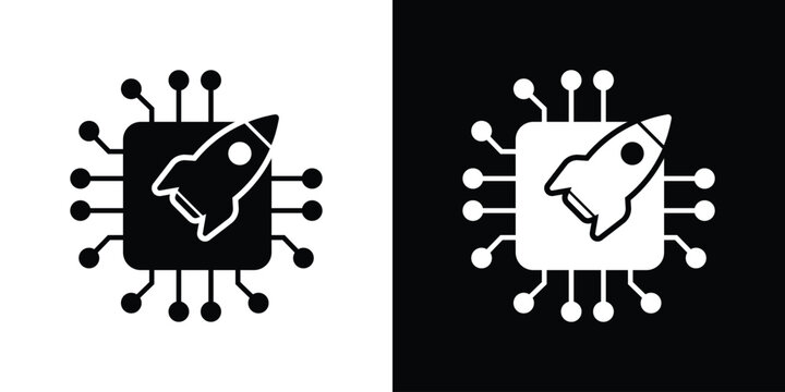 CPU chip icon with a rocket symbol, representing high-speed processing, performance boost, and fast computing. Concept of overclocking, system optimization, and advanced microprocessor tech.