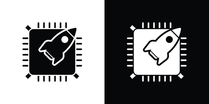 CPU chip icon with a rocket symbol, representing high-speed processing, performance boost, and fast computing. Concept of overclocking, system optimization, and advanced microprocessor tech.