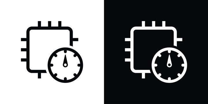 Outline vector icon of a microprocessor with a speedometer. Represents system monitoring, CPU clock speed, and performance tracking. Clean line art for technical diagrams and dashboard UI.