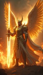 Fototapeta premium Golden armored angel with wings holds luminous sword on fiery battlefield. Warrior stands strong with divine power against inferno. Celestial being ready for epic combat.