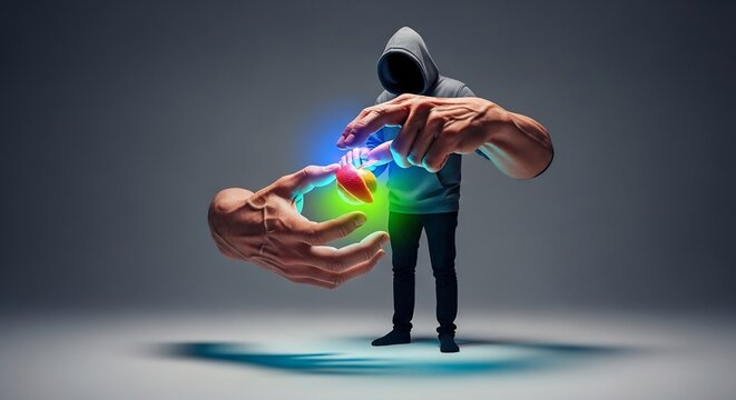 Mysterious hooded figure manipulates glowing energy between hands.