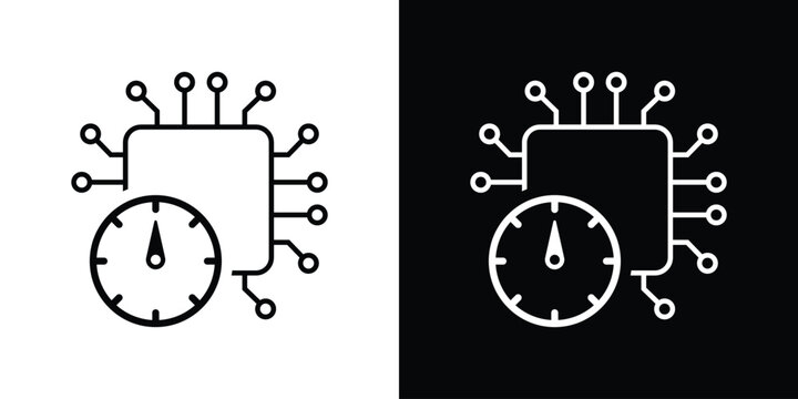 Outline vector icon of a microprocessor with a speedometer. Represents system monitoring, CPU clock speed, and performance tracking. Clean line art for technical diagrams and dashboard UI.
