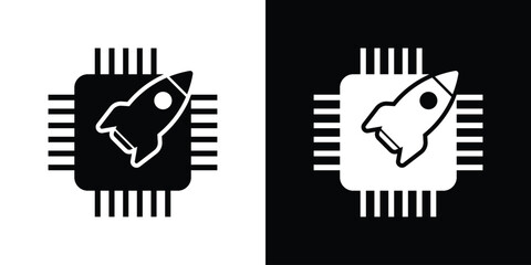 Obraz premium CPU chip icon with a rocket symbol, representing high-speed processing, performance boost, and fast computing. Concept of overclocking, system optimization, and advanced microprocessor tech.