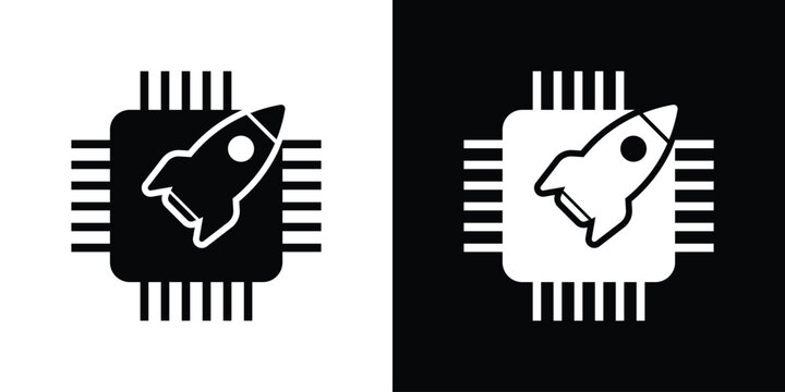 CPU chip icon with a rocket symbol, representing high-speed processing, performance boost, and fast computing. Concept of overclocking, system optimization, and advanced microprocessor tech.