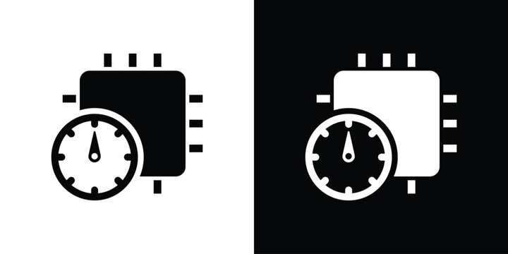 Outline vector icon of a microprocessor with a speedometer. Represents system monitoring, CPU clock speed, and performance tracking. Clean line art for technical diagrams and dashboard UI.