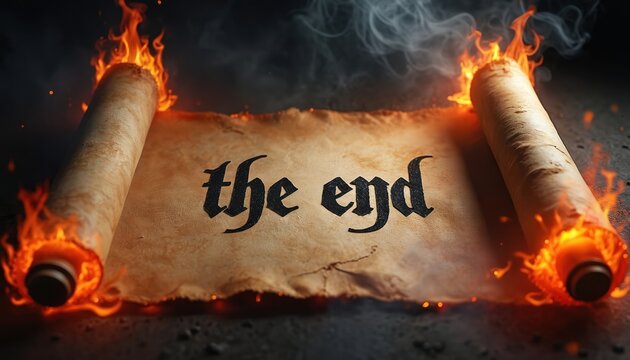 Old parchment scroll with the words the end burns in flames and smoke. Medieval fantasy art shows a dramatic conclusion to a story. Mystical ancient document finishes.