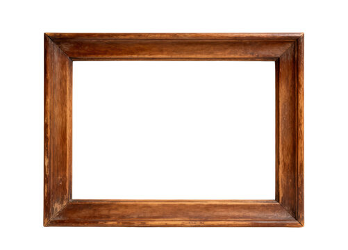 Weathered dark brown wooden picture frame with visible grain and mitered corners is isolated on a solid white background.
