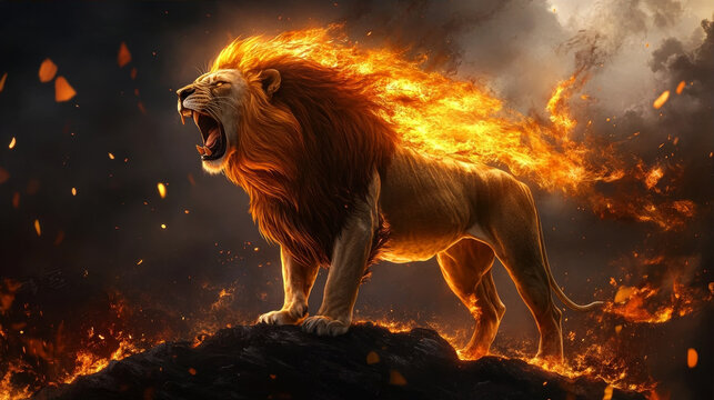 Majestic lion with a mane of burning fire roaring on a dark rocky peak amidst smoke and embers in a dramatic fantasy landscape illustration