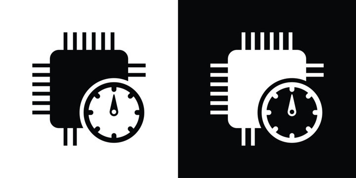Outline vector icon of a microprocessor with a speedometer. Represents system monitoring, CPU clock speed, and performance tracking. Clean line art for technical diagrams and dashboard UI.