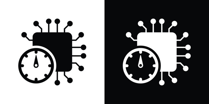 Outline vector icon of a microprocessor with a speedometer. Represents system monitoring, CPU clock speed, and performance tracking. Clean line art for technical diagrams and dashboard UI.