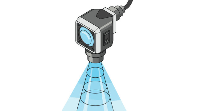Isometric industrial sensor camera emitting a blue cone of light for machine vision and object detection in automated factories.