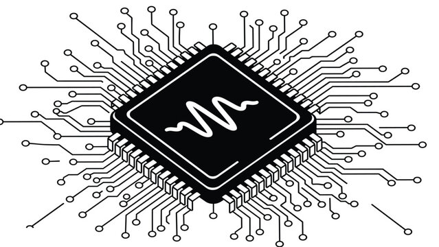 Electronic microchip with extensive circuit pathways and a central wave signal illustrating advanced digital signal processing technology.