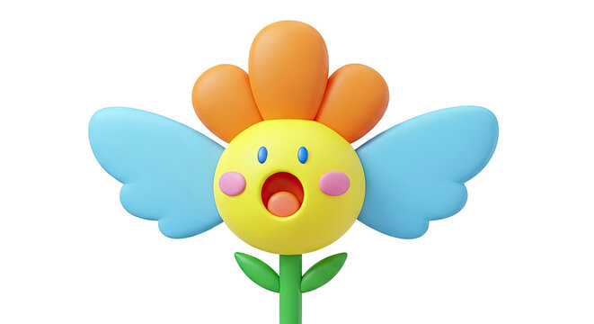 Surprised 3D Cartoon Flower Character with Wings