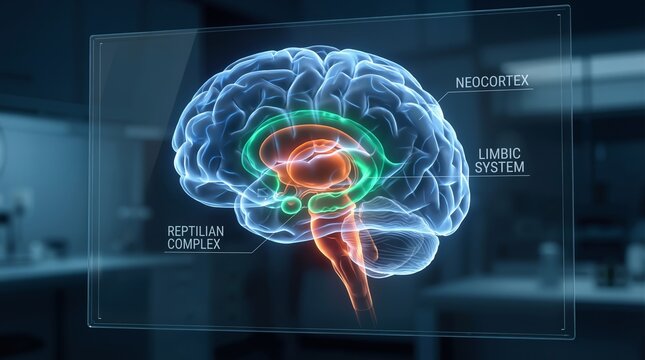 Holographic display of human brain anatomy with labeled neocortex, limbic system and reptilian complex. Medical digital visualization for neuroscience research and neurology education
