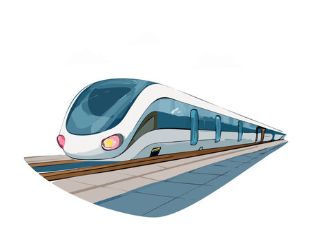 Aerodynamic silver bullet train speeding along the curved rail tracks during daylight for fast intercity commute and modern industrial logistics transport