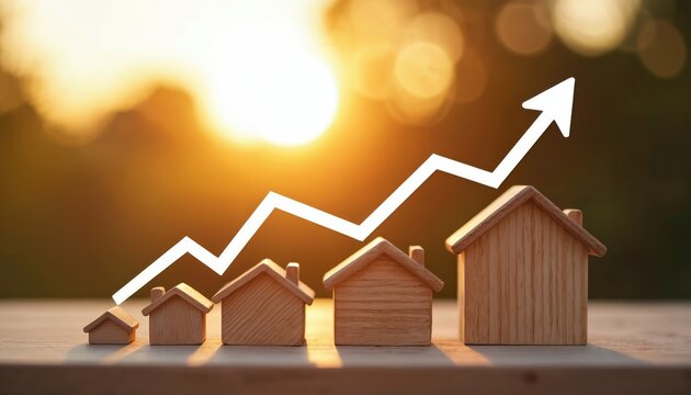 Wooden house models grow in size with white arrow graph pointing up at sunset. Real estate market increases in value. Home ownership trend shows positive growth. Property investment benefits rising.
