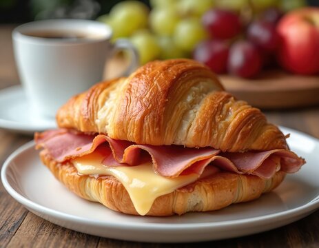 Golden croissant sandwich with ham and cheese sits on white plate near coffee cup. Grapes and apple form background. Delicious breakfast meal on wooden table.