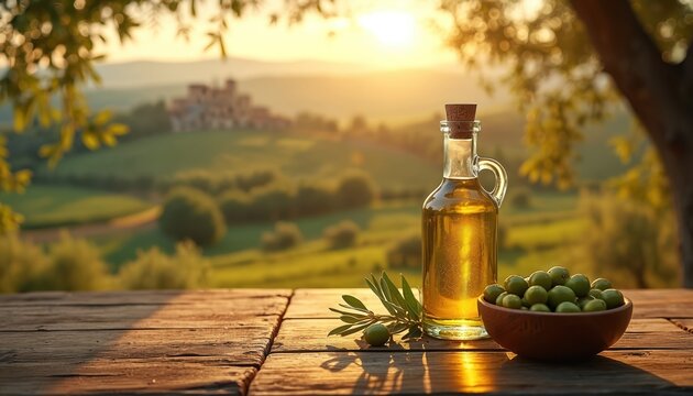 Glass bottle of golden olive oil and bowl of fresh green olives rest on weathered wooden table. Idyllic Tuscan landscape with rolling hills and ancient village fades into warm sunset glow.