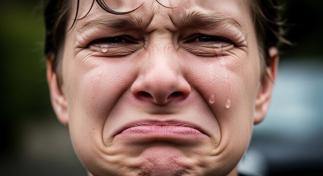 Close-up of a young persons face contorted in intense crying with tears streaming down.