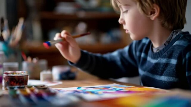 Child blending traditional painting with digital art at a colorful messy desk showcasing a vibrant and authentic creative process filled with imagination and artistic expression.