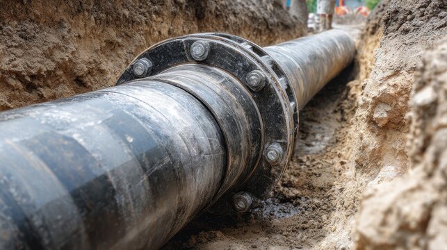 Stunning photo of close up of an underground metal pipe being installed through a bored hole for utility infrastructure.