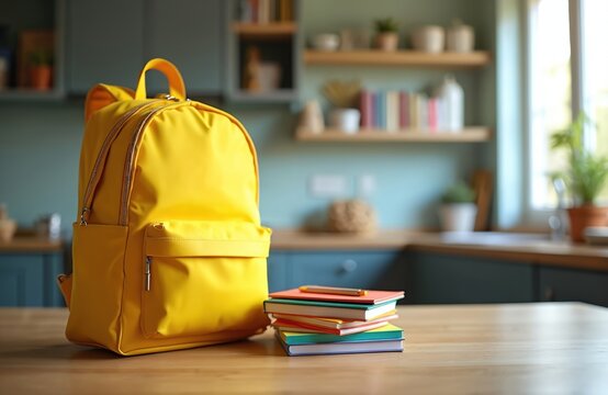 Bright yellow backpack rests on wooden table beside stack of colorful notebooks and pencil. Ready for school season academic studies. Home interior setting with kitchen counters blurred background.