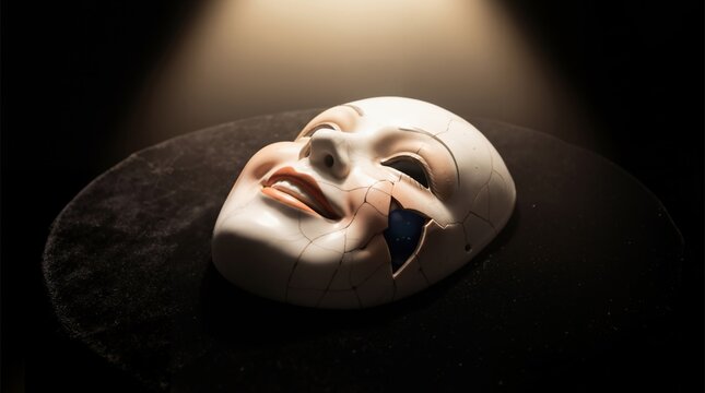 Broken theatrical mask on black background. Cracked porcelain face prop illustrating drama and deception. Concept of hidden emotion, fragile mental health and false identity in theater