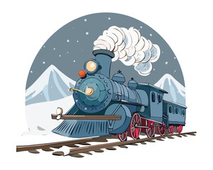 Historical steam train engine in a circular frame with snowy mountain background for vintage railway travel and heritage tourism branding concepts © firstcolor