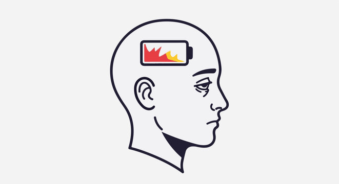 Profile of a head with a low battery inside, symbolizing mental fatigue