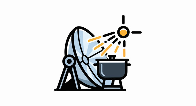 Dish antenna reflecting sun rays onto a cooking pot