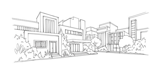 Fototapeta premium Black and white of modern buildings with trees and bushes architecture