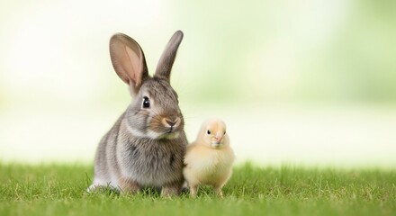 Obraz premium 柔らかな午後の光が降り注ぐ美しい新緑の芝生の上でグレーの毛並みの愛らしい子うさぎと小さな黄色いひよこがそっと寄り添い座る春の穏やかな日差しを感じさせる心温まる可愛らしい瞬間. AI Generated