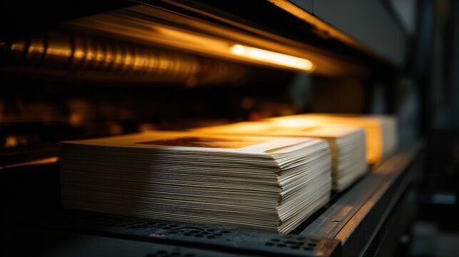 Stunning photo of close-up of a stack of printed papers emerging from a modern industrial printer with a warm glow.