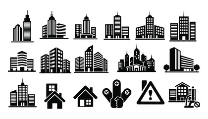 Obraz premium Set of building icons, city architecture, office buildings, houses, and construction symbols