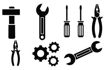 Fototapeta premium Set of construction tools icons, including hammer, wrench, screwdriver, pliers and gears