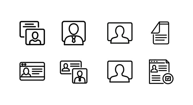 Contact and subscriber list icons set, multiple profile silhouettes, document icons with checkmarks, and browser, signifying user data management and communication lists