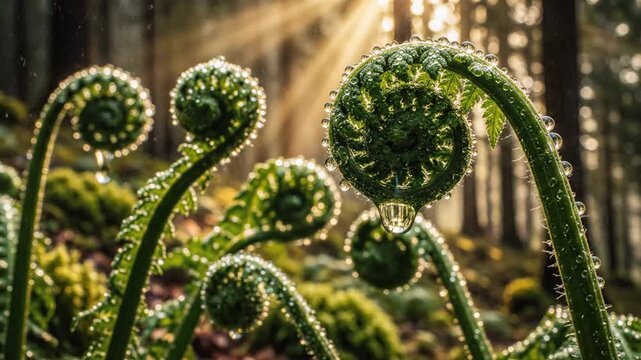 Dewy fiddlehead ferns unfurling in golden morning light forest