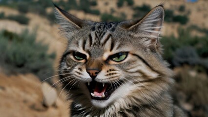 Naklejka premium Longhaired tabby cat hissing in dry shrubland outdoor setting