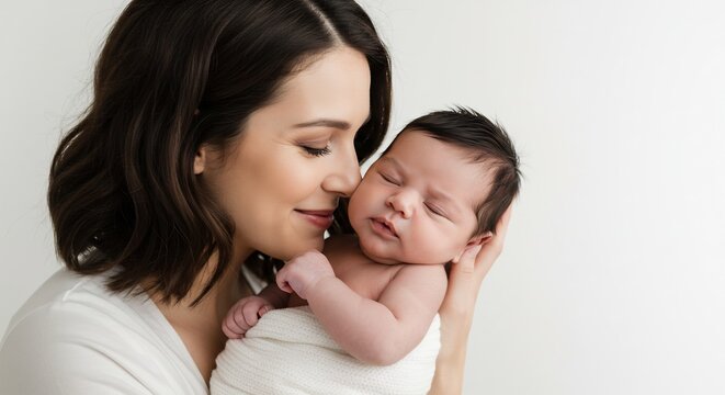 柔らかな自然光に包まれ母親が安らかに眠る新生児を優しく抱きしめる美しいポートレート慈愛に満ちた表情が穏やかに輝き純粋な愛情と深い絆が溢れる神聖な瞬間. AI Generated