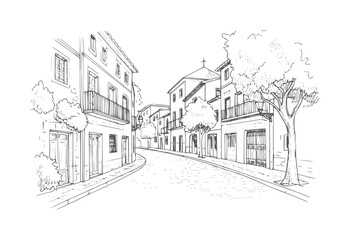 Obraz premium Hand drawn of a European street with buildings and trees architecture house