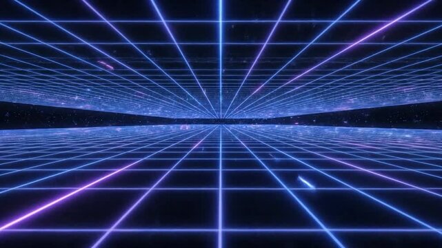 A futuristic digital grid stretches into the infinite void, illuminated by vibrant neon blue and purple lines against a starry background