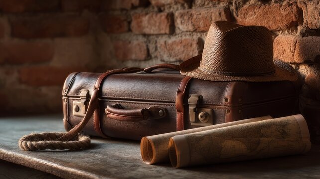 Vintage Leather Suitcase and Hat with Old Maps on Rustic Wooden Table