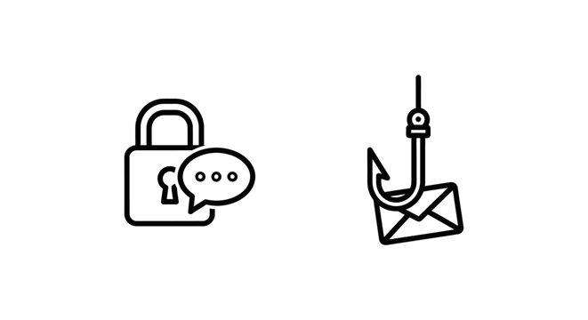 Cybersecurity icons: social engineering with lock and speech bubble, phishing simulation with hook and envelope, vector illustration for security concepts