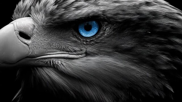 Close up of an eagle head with bright blue eyes and detailed feathers