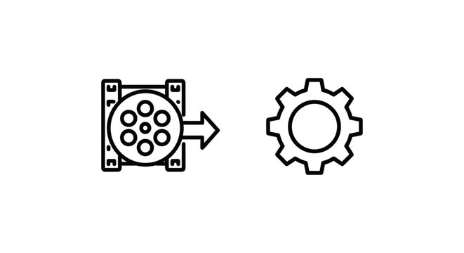 Export settings icon and film reel icon, vector graphics representing production workflow and configuration, line art
