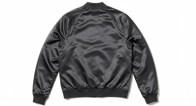 明るくクリアな白い背景で鮮明に撮影された光沢感あふれる黒いサテンのMA-1ブルゾン 優しく当たる光が生地のドレープとしなやかな質感を強調するモダンなアパレル写真. AI Generated
